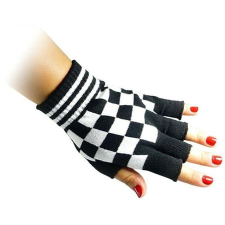 Unisex Black and White Checkered Fingerless Knit Black Gloves for Texting Warm