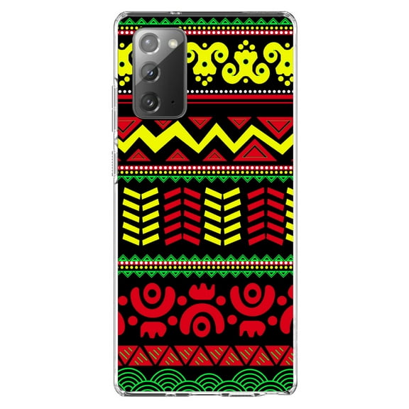 DistinctInk Clear Shockproof Hybrid Case for Samsung Galaxy Note 20 (6.7" Screen) - TPU Bumper, Acrylic Back, Tempered Glass Screen Protector - Black Yellow Red Aztec Tribal