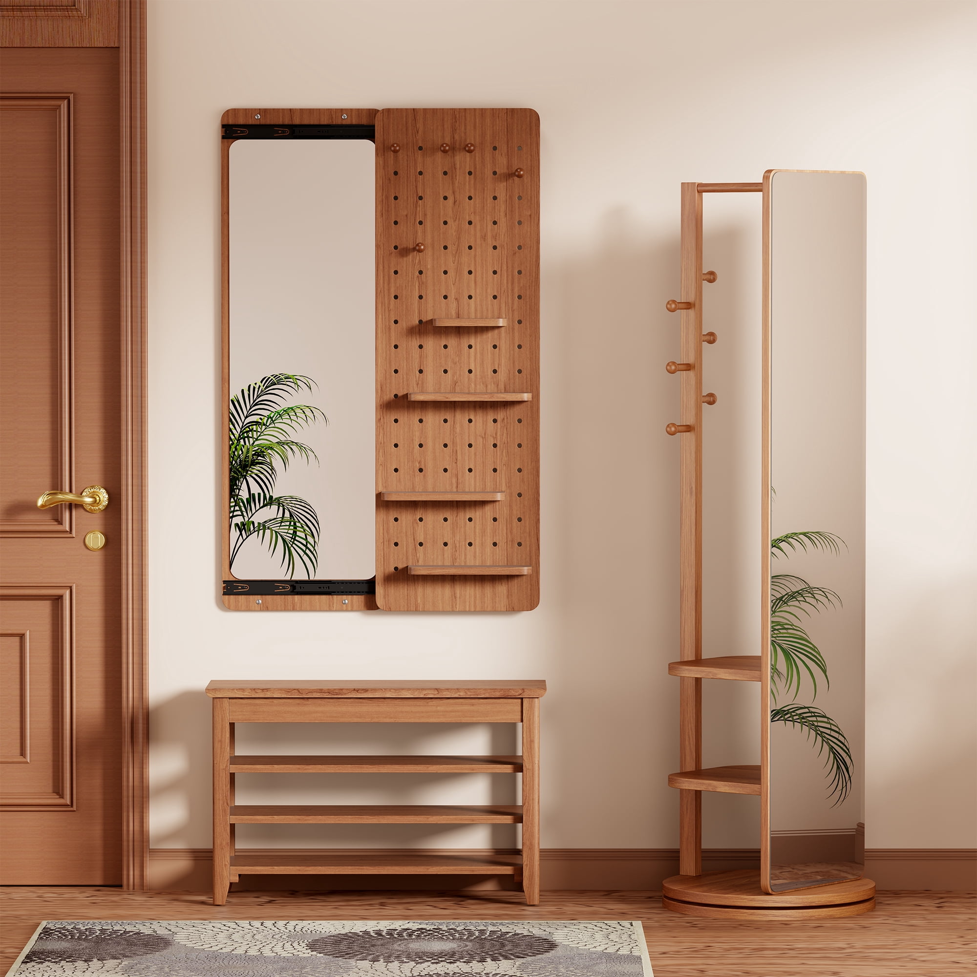 Wall-Mounted Full-Length Mirror with Shelves and Hooks, Push-Pull Panel Design with Dual-Slide Hardware for Bedroom, Cherry