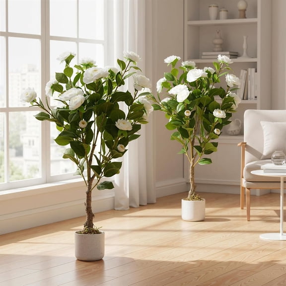 2.8FT Artificial Camellia Tree,Realistic Faux White Plants with 20 Bloomings,White Pot,34" Faux Flowers Potted Plant Trees for Living Room,2pcs