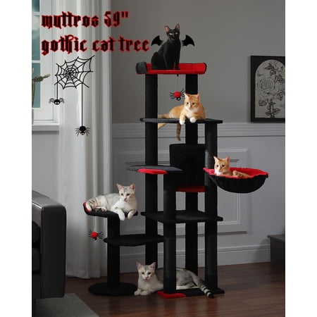 59 Inch Gothic Tree Tower with Coffin Bed Black Indoor Condo Hammock Spider Balls Sisal Post