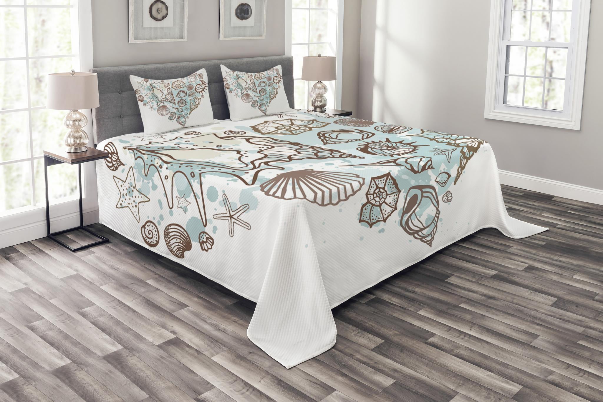 Nautical Bedspread Set Queen Size, Hand Drawn Seashells Scallop