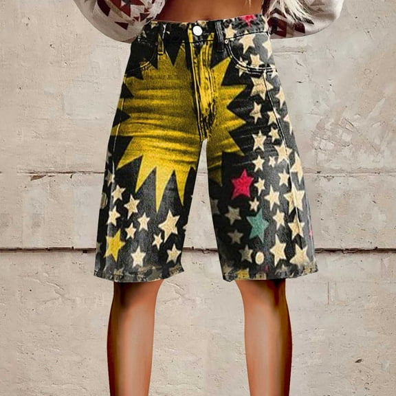 Women's Casual Pants Flare Denim Shorts For Women Wide Leg Denim Shorts Woman Vintage Floral Print High Waisted Straight Stretch Pants With Pockets,Black Women's Casual Pants L