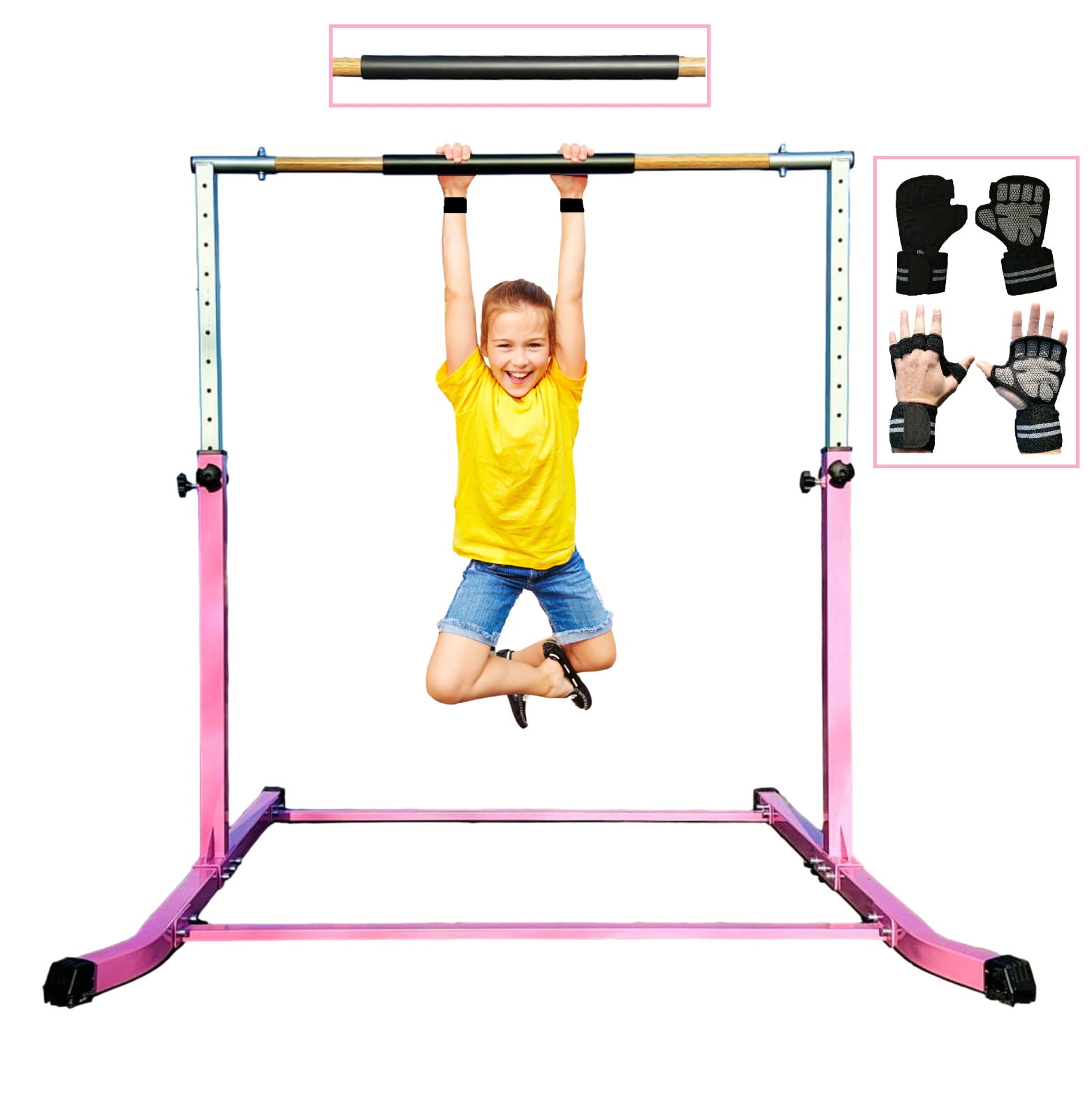 Foldable & Movable Gymnastics Kip Bar,Horizontal Bar for Kids Girls Junior,No Wobble Gym Equipment for Home Indoor,3' to 5' Adjustable Height,Gymnasts 1-4 Levels,300 lbs Weight Capacity Purple 