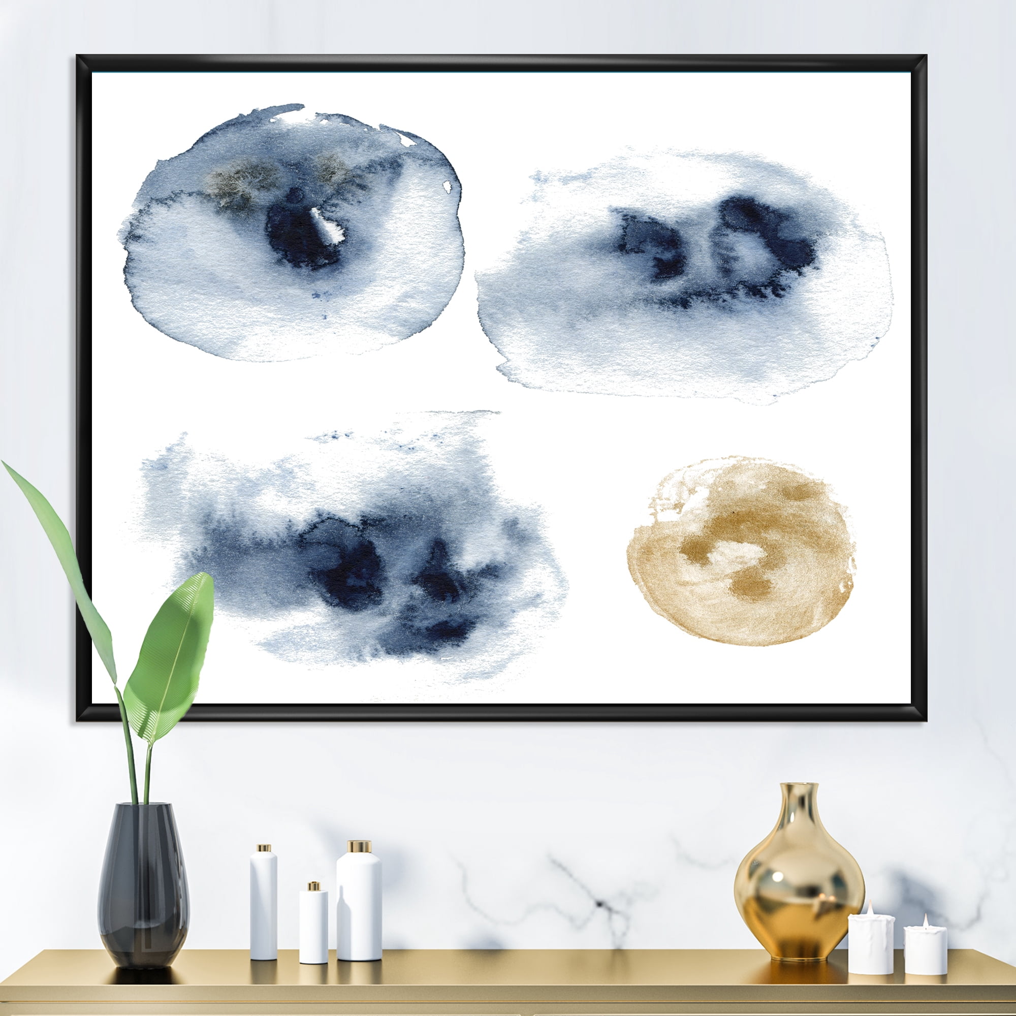 Abstract Of Gold and Dark Blue Cloud 32 in x 16 in Framed Painting Canvas Art Print, by Designart
