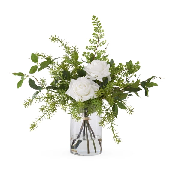 K&K Interiors 20.5" Real Touch Diamond White Rose Flower Arrangement in Faux Water Glass Vase for Mother's Day