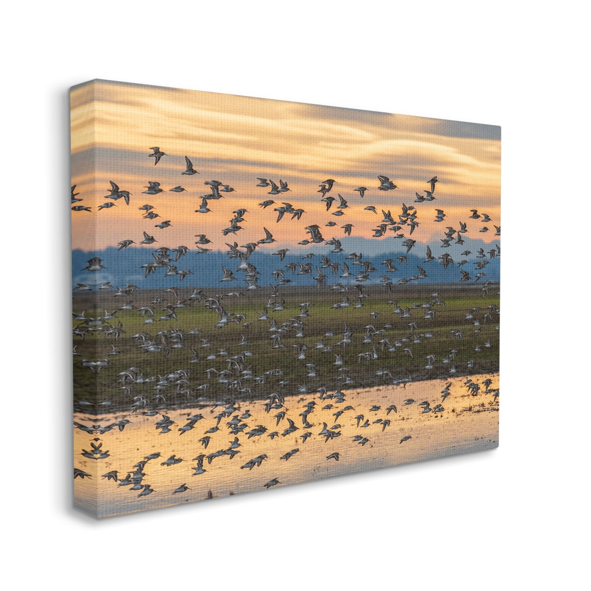 Stupell Industries Flock of Birds Flying Lake Reflection Orange Sunset Painting Gallery Wrapped Canvas Print Wall Art, Design by Nancy Crowell