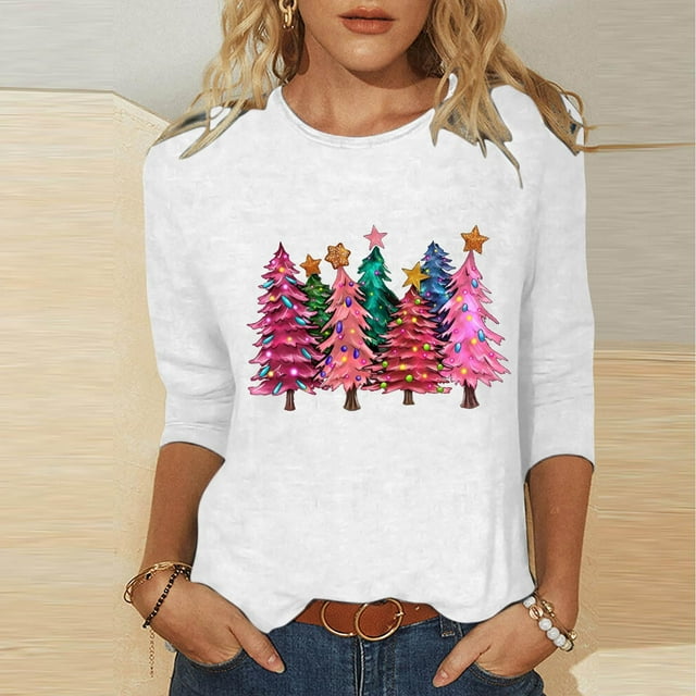 FcBaudy Hauts pour Femmes, Blouses & Chemises à Manches Longues Col Rond, Chemises pour Femmes Mode de Noël T-shirt Décontracté Imprimé Col Rond Manches 3/4 Blouse Femme Blouse en Polyester