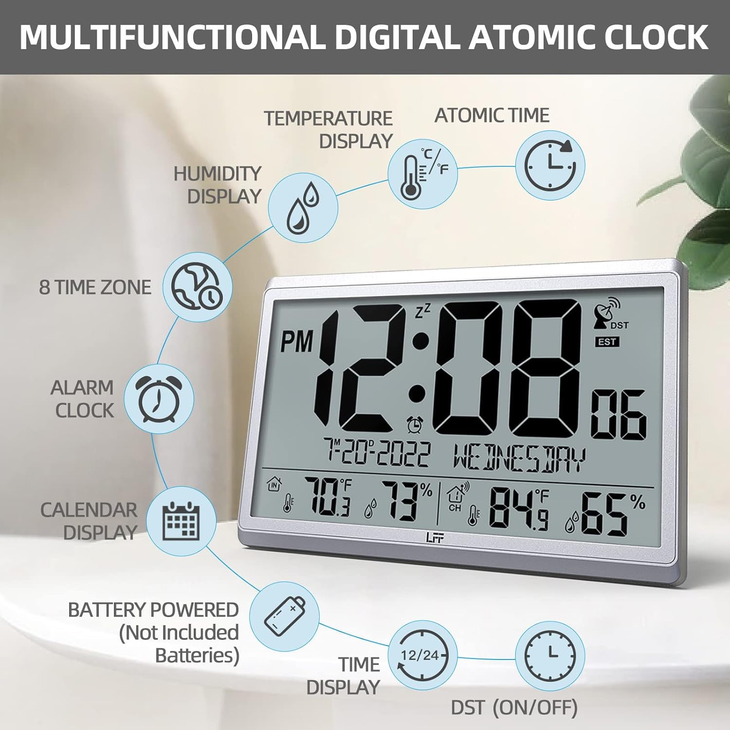 LFF Atomic Clock - Never Needs Setting, Battery Operated, 15" Atomic Wall Clock with Indoor Outdoor Temperature & Humidity, Digital Wall Clock with 4.5" Numbers Easy-to-Read, Silver