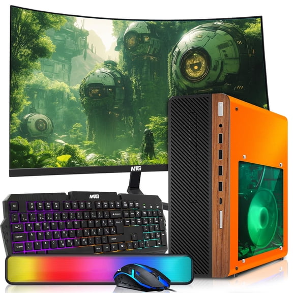 Restored HP Half Dark Desktop Computer PC Phoenix AMD A10-9700, 16GB RAM, 1TB SSD, 27 Inch Curved Monitor, RGB KBM with AI Copilot, WiFi, RGB Sounbar, Windows&nbsp;11 (Refurbished)