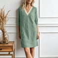 thumbnail image 4 of LNWUY Women's Fashion Lace 3/4 Sleeve Cotton Linen Dress Summer Casual Solid Color V-Neck Shift Dress Knee Length Dresses Green XL, 4 of 8