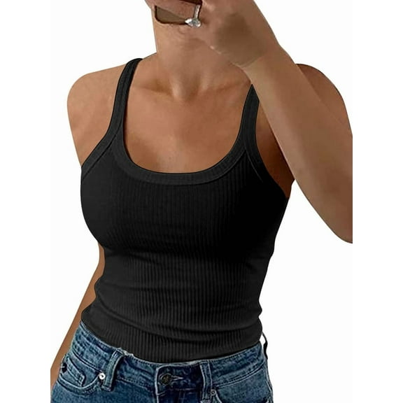 Women Spaghetti Strap Scoop Neck Ribbed Slim Fitted Cotton Camisole Sleeveless Layering Shirts Black M