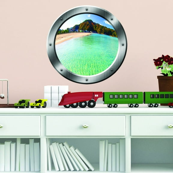 VWAQ Beach Wall Decal Island Porthole Wall Sticker 3D Beach Scene Wall Art Peel And Stick Mural - SP17 (20" Diameter)