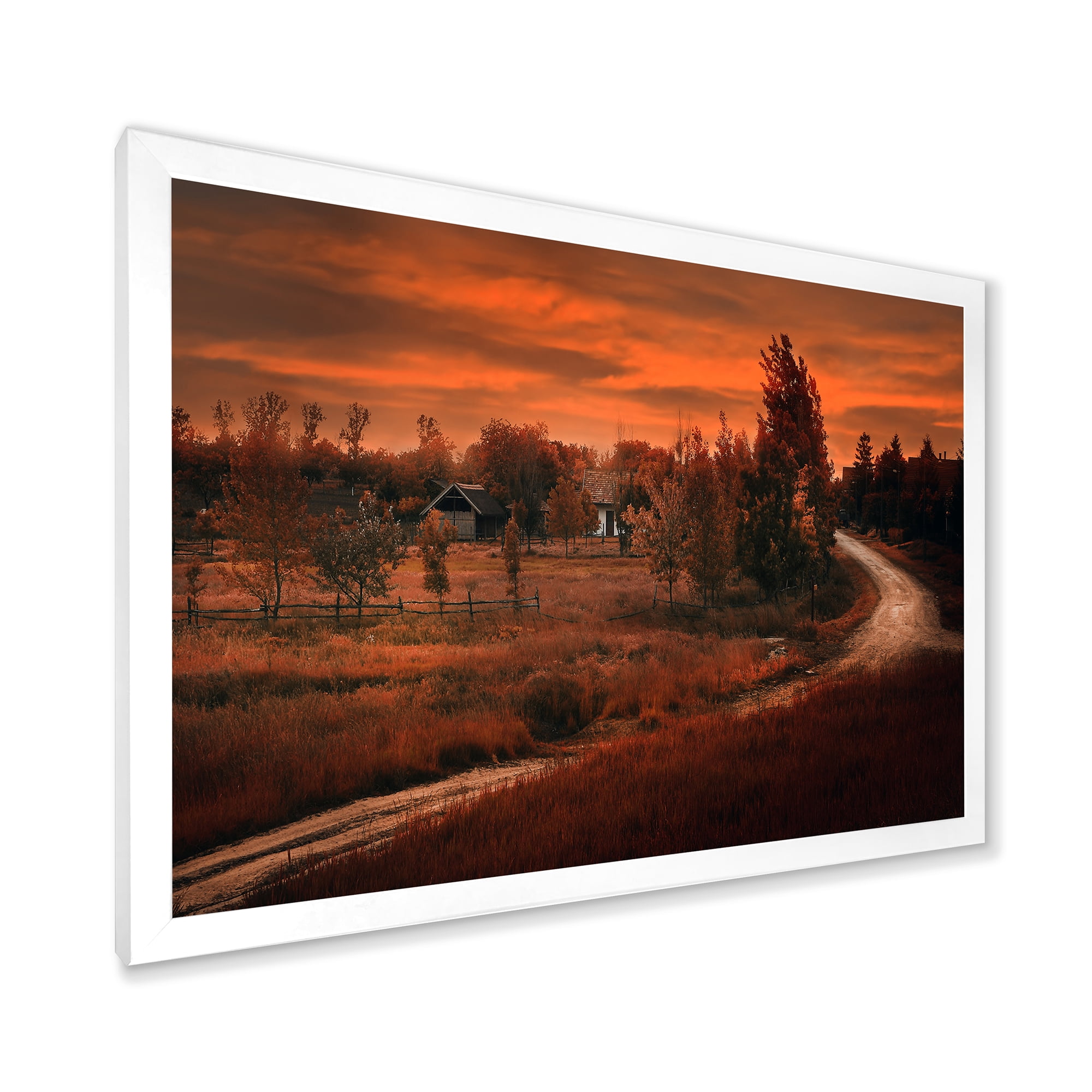 Designart 'The Road By The Farm In Dark Pink Sunset' Farmhouse Framed Art Print