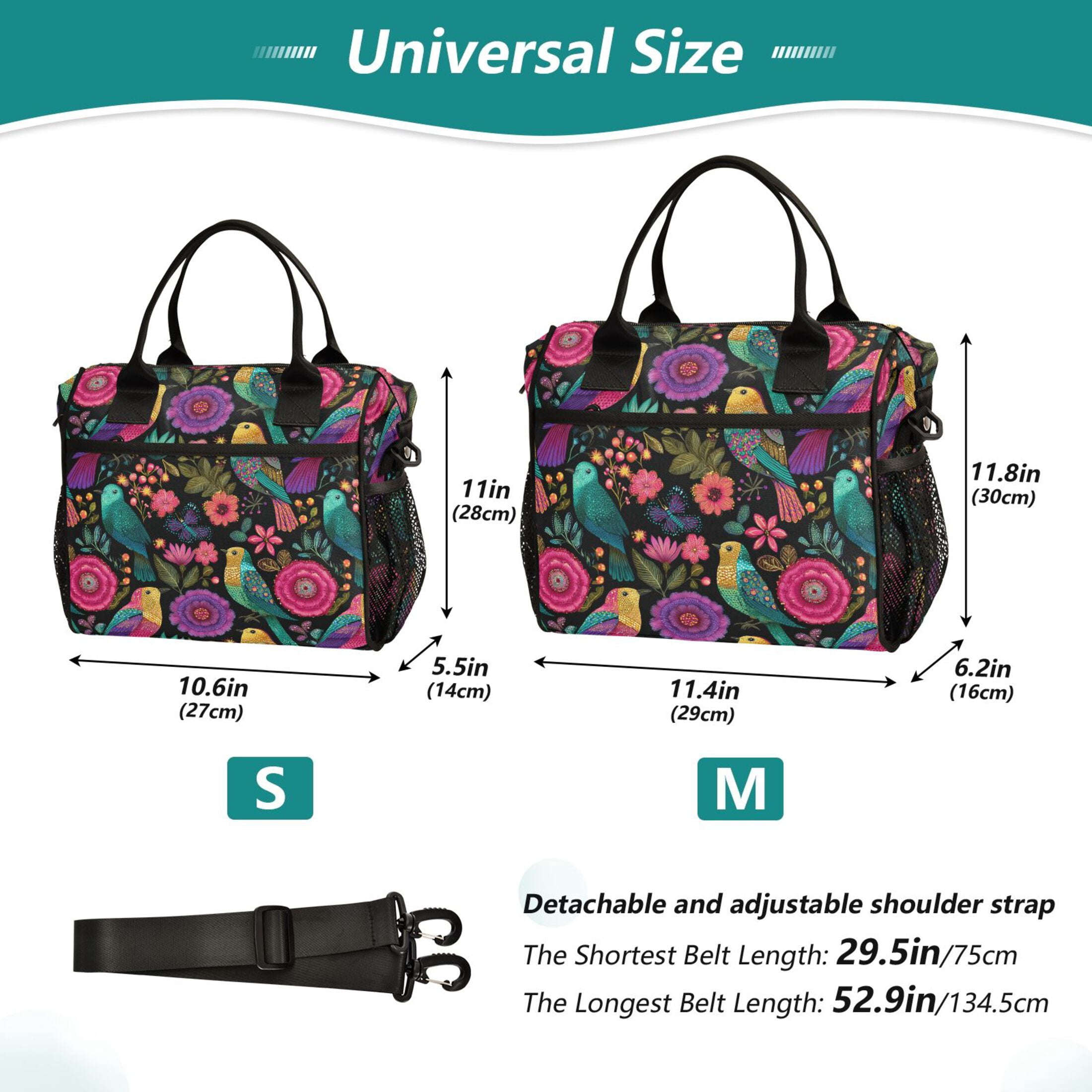 Large Insulated Lunch Bags for Women Men Leakproof Thermal Meal Lunch Tote Bag for Office Work Picnic Travel Colorful Birds and Flowers 12L