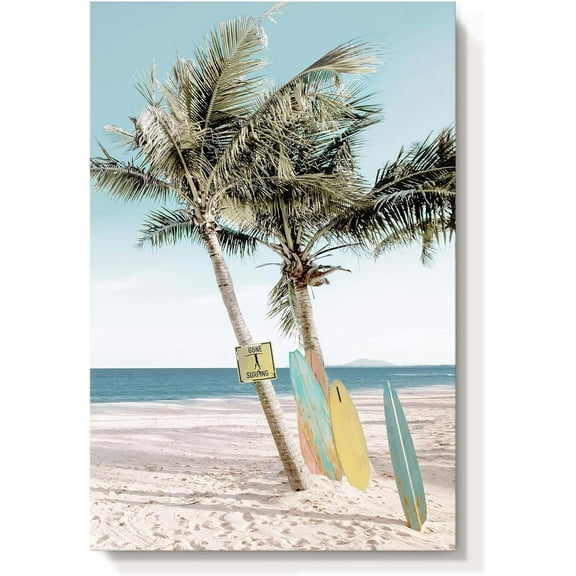 Beach Seaside Canvas Wall Art: Coastal Coconut Trees Painting Ocean Swing Hanging on Palm Tree Picture Seascape Sunset Artwork Decor for Living Room Bathroom 16" x 12"