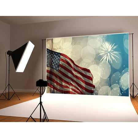 Image of HelloDecor 7x5ft American Flag Photography Backdrop Firework Scene Backdrops for Photographers