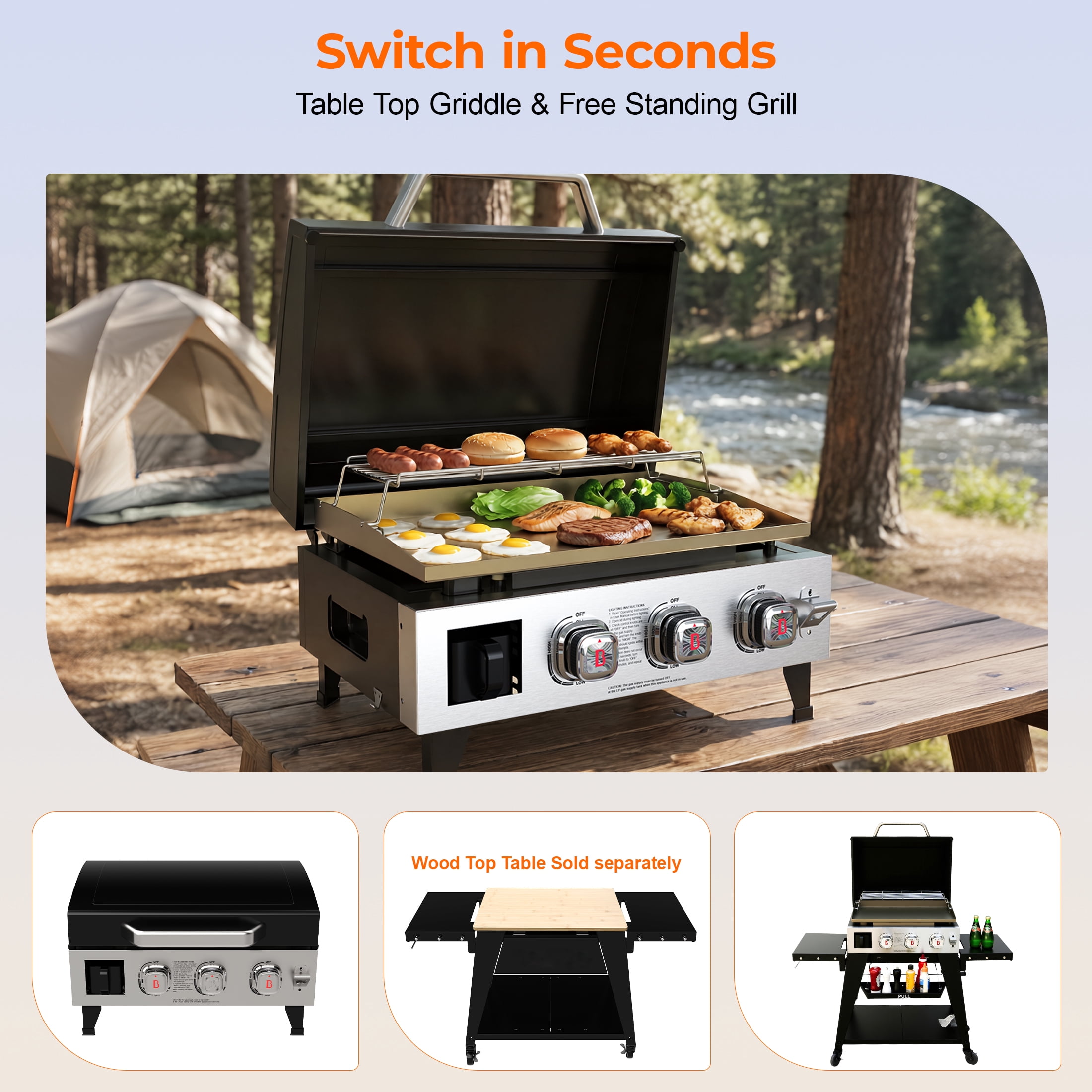 Fintex Adventure Ready Outdoor Griddle, 3-Burner Propane Flat Top Grill with Stand, 504 Sq. In，Black