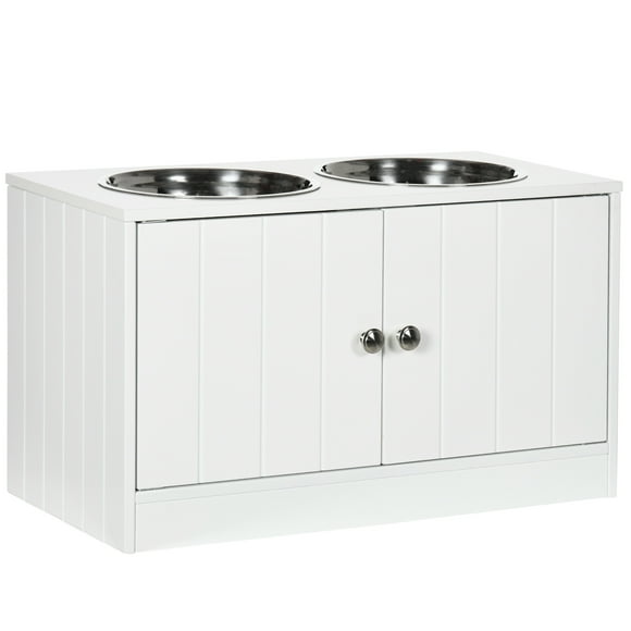 PawHut Elevated Dog Bowls for Large Dogs Pet Feeding Station with Stand, Storage, 2 Stainless Steel Food and Water Bowls, White, 23.6" x 11.8" x 14"