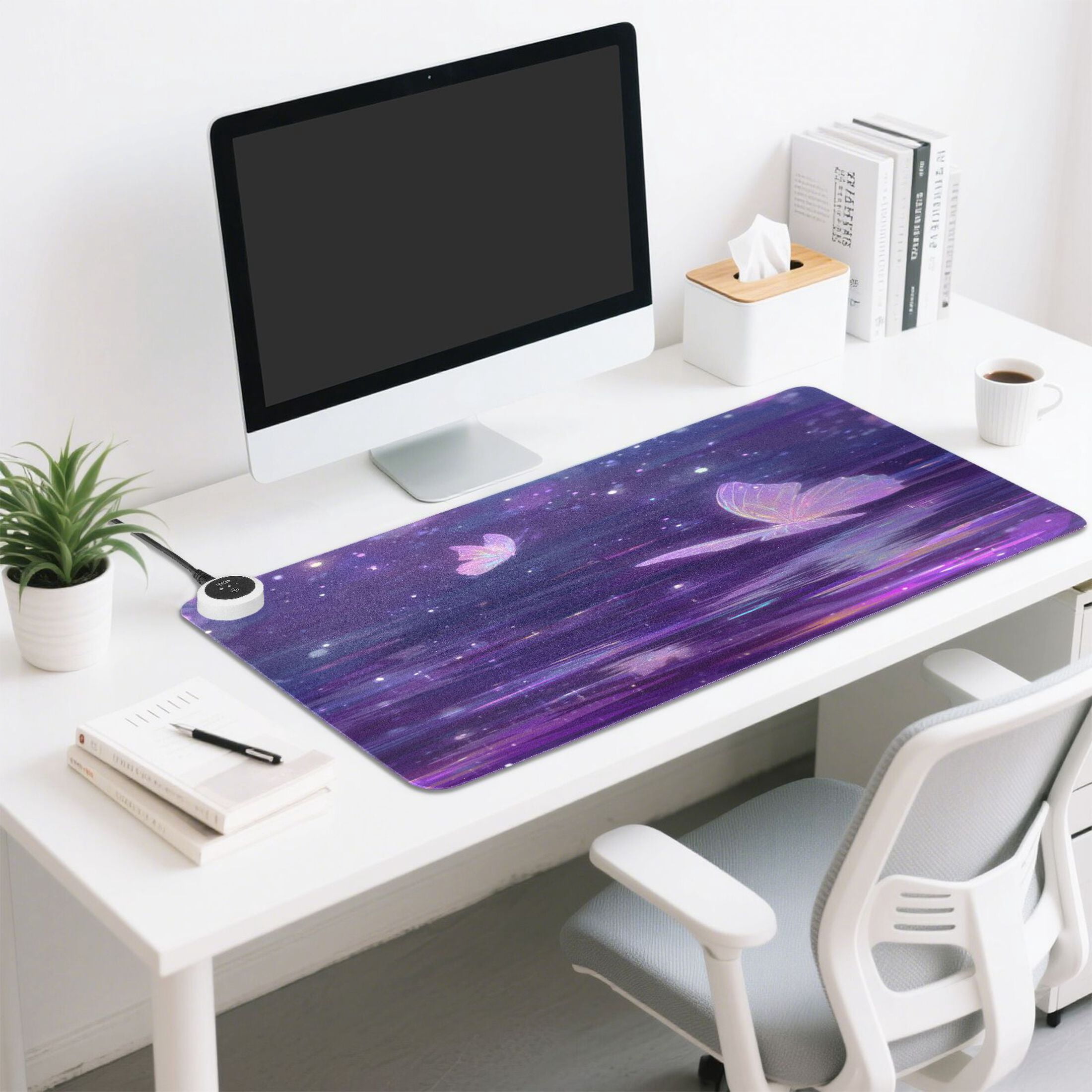 Large Heated Desk Mat Mouse Pad 31.5"x13"PU Leather Graphene Heating Desk Warmer with 3 Temperature Settings 110V US Plug Non-Slip Warm Pad for Home, Office, and Gaming Crystal Pink Butterfly Pattern
