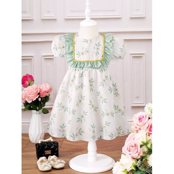 TSEXIEFOOFU Kids Toddler Girl Summer Dress, Short Puff Sleeve Floral Print Ruffle A-line Dress