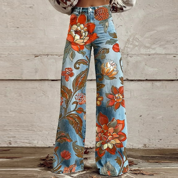 YanHoo Floral Straight Leg Jeans for Women,High Waisted Wide Leg Printed Loose Baggy Jeans Stretchy Boyfriend Denim Pants Orange,S