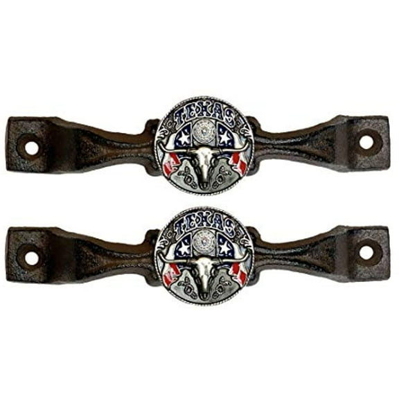 Urbalabs Cast Iron Concho The State of Texas Kitchen Cabinet Handles and Drawer Pulls Longhorn Country Home Rustic Decor Farmhouse Cabinet Handle Western Star Cabinet Knobs (2, Texas Longhorn Silver)