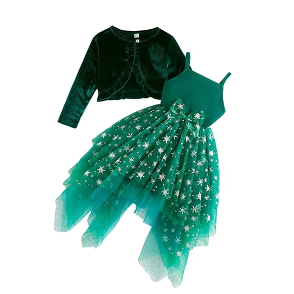 WUANDIXFA Girls Dress Christmas Girls Christmas Dress Snowflake Bow Mesh Dress Long Sleeved Coat Two Piece Set Green,5-6 Years
