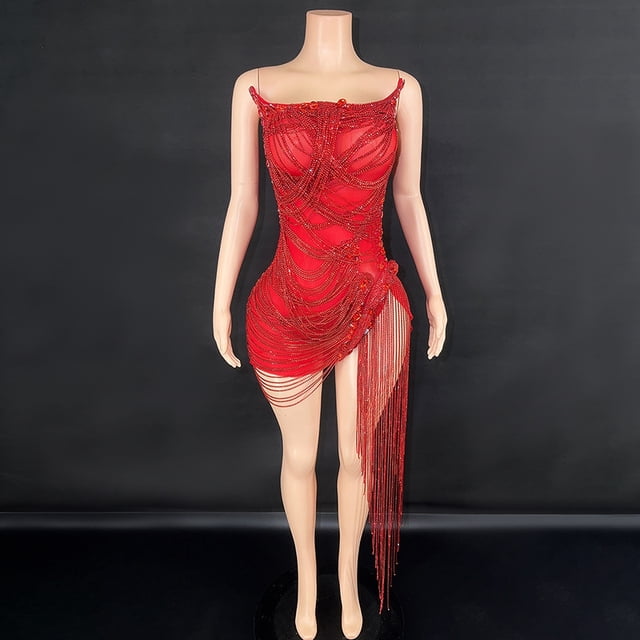 Novance Y2428-J Robes de Soirée Femmes Perles Chaîne à Pampilles Vêtements pour Femmes Automne 2023 Élégante Robe de Soirée pour Femmes Cristal Rouge
