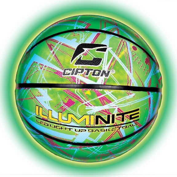 CIPTON Illuminite LED Light Up Basketball, Size 7 (29.5”) Indoor/Outdoor Premium Rubber Ball, Impact-Activated Bright LED Lights, Green/Neon Graphic