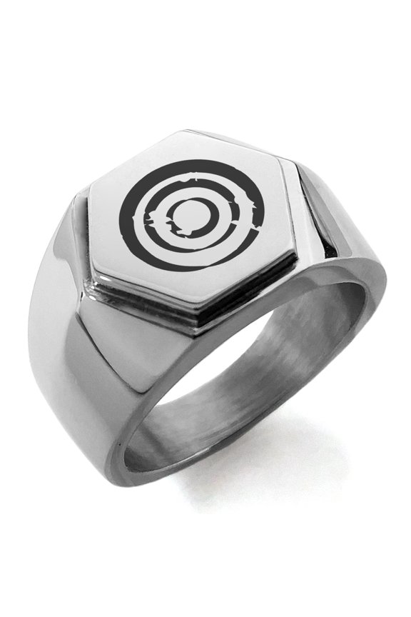 Stainless Steel Ancient Tribal Greatness Rune Engraved Hexagon Crest Flat Top Biker Style Polished Ring