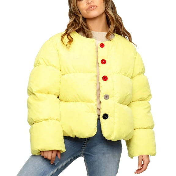 YYDGH Womens Cropped Puffer Coat Bubble Solid Color Quilted Down Jackets Casual Padded Button Down Coats Winter Outerwear