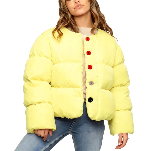 Veste d'Hiver en Coton à Capuche Décontractée pour Femmes, Col Rond, Épaisse, Matelassée, avec Boutons Colorés et Poches Fonctionnelles pour Temps Froid