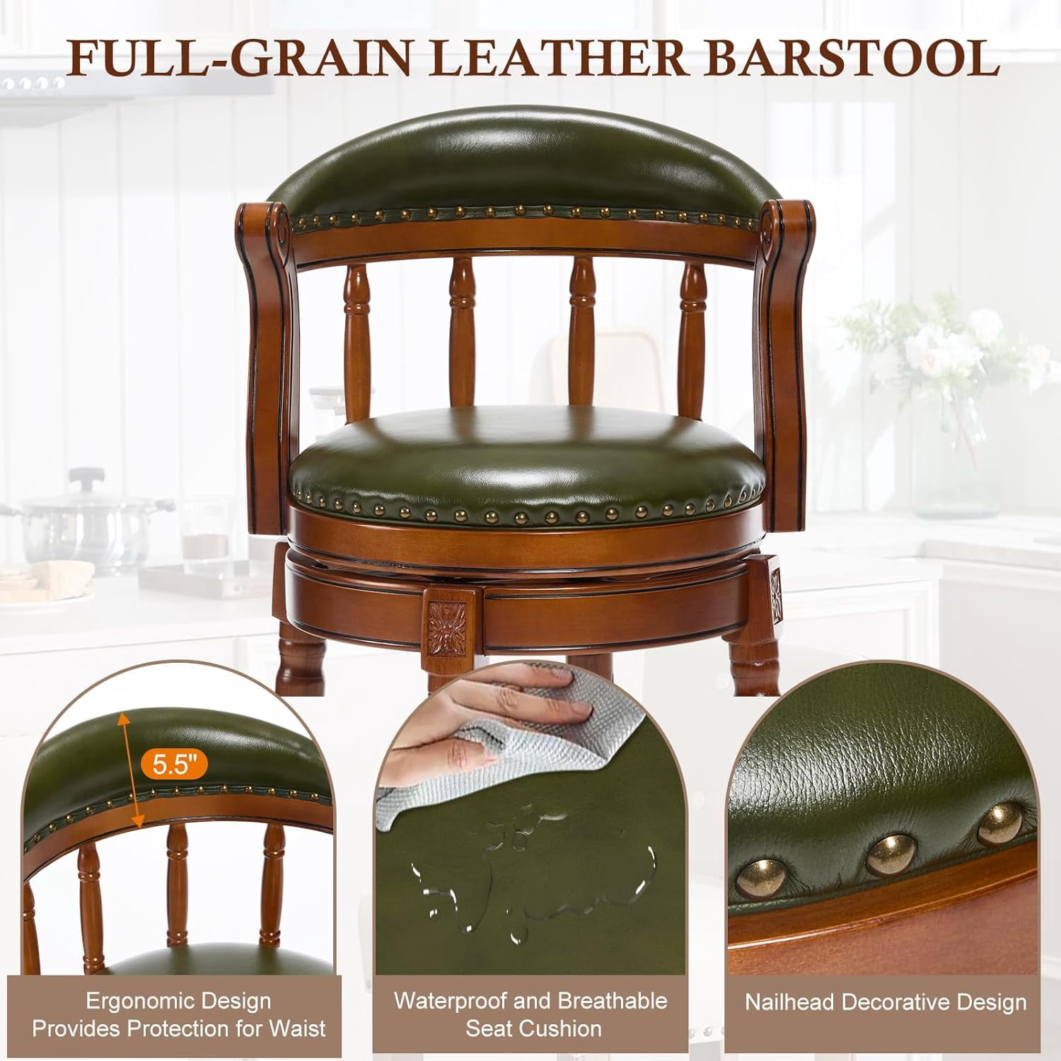 AULIFE Bar Stools Mid-Back Modern Swivel Barstools,Kitchen Counter Genuine Leather Upholstered Island Barstool with Footrest for Home Kitchen Dining Room