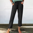thumbnail image 2 of Qiopertar Linen Cotton Pants for Women Spring Summer Casual Wide Leg Trousers Elastic Waist Solid Color Straight Tube Ankle-Length Pants with Pockets, Black M, 2 of 7