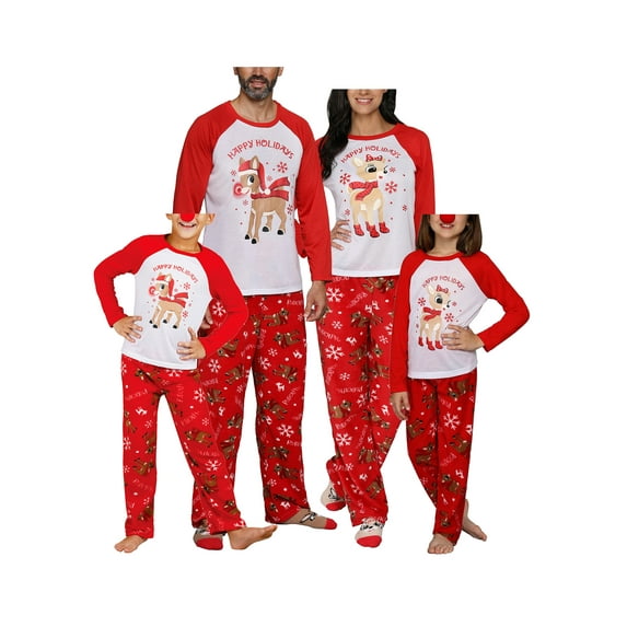 Qiylii Christmas Family Matching Pajamas Set, Cartoon Deer Print Round Collar Tops+Trousers