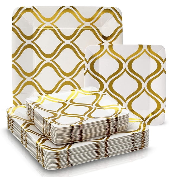 PARTY DISPOSABLE 36 PC DINNERWARE SET | 18 Dinner Plates | 18 Salad or Dessert Plates | Heavy Duty Paper Plates | for Upscale Wedding and Dining | Square Metallic Gold - Moroccan Collection
