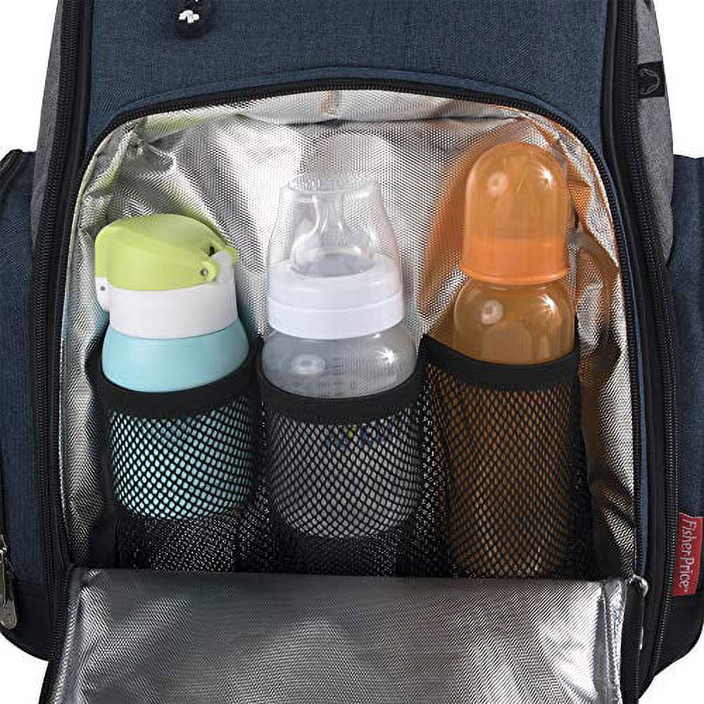 Fisher-Price Large Multi-Pocket Multifunction Kaden Baby Diaper Bag Backpack for Infant Boys & Girls with Insulated Bottle Pocket, Changing Pad, Wipes Dispenser in Unisex Navy Blue & Gray
