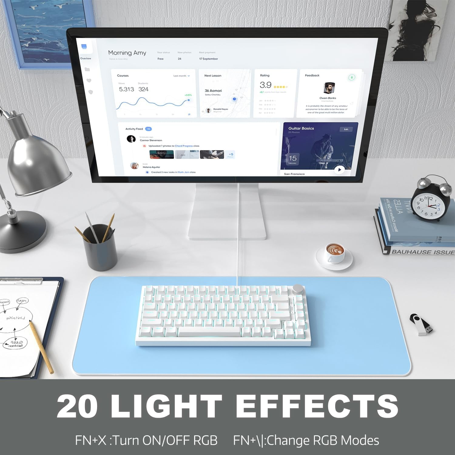 AJAZZ AK820 75% Wired RGB Hot Swap Mechanical Keyboard with CNC Volume Knob,Poron Foam Gasket Mounted,South Facing LED,OME Profile PBT Keycap-Blue Light,NKRO,Blue Clicky Switch(White)