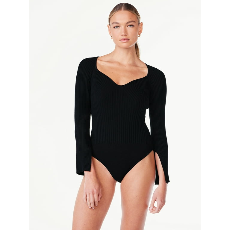 Scoop Women's Ribbed Bodysuit with Sweetheart Neck and Long