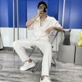 thumbnail image 3 of Conjunto de camiseta y pantalón negro para hombre, conjunto de entrenamiento, nailon, liso, pantalones para hombre, talla S, poliéster, dos piezas, estilo coreano, básico elegante 2024, 3 of 5