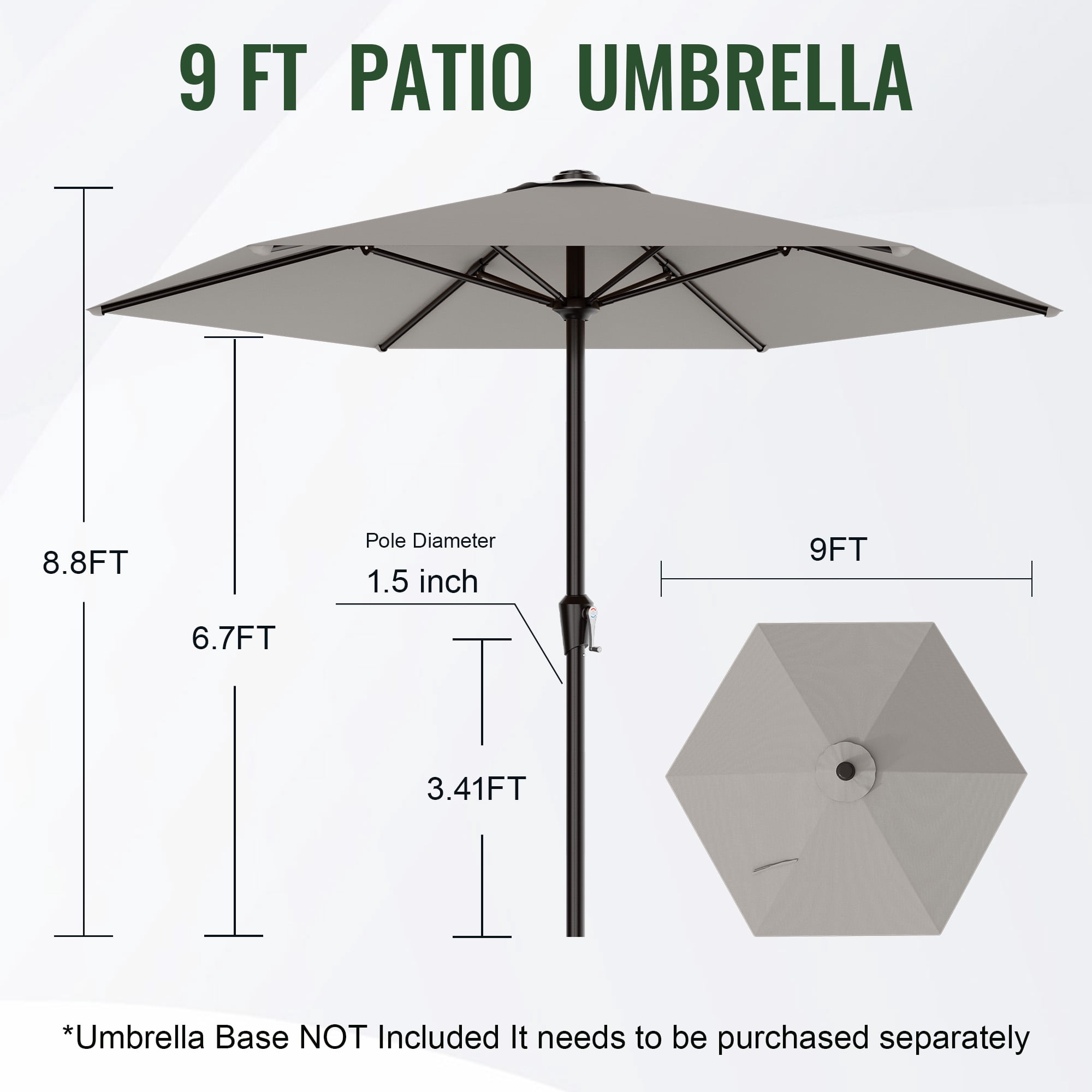 Easthome 9ft Patio Umbrella with Crank Lift System & 6 Sturdy Ribs Waterproof, Patio Table Umbrella Perfect for Poolside, Terrace, Beach and Outdoor Restaurant, Light Gray