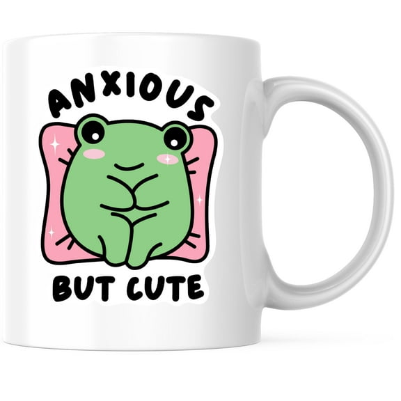 Bliss Monkey Co. Anxious But Cute Funny Cute Coffee Mug - Cute Frog - Funny Gen Z Meme - 11 Ounce Coffee Mug - Design Printed On Both Sides - Glossy Ceramic - Microwave & Dishwasher Safe - BMCM01338