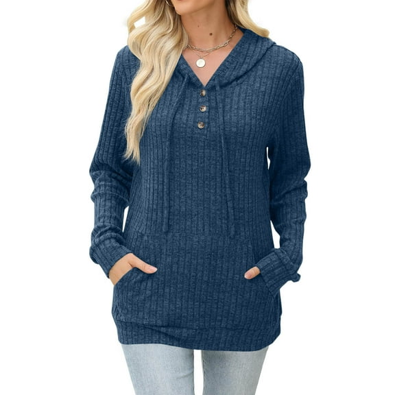 Fanxing Womens Pullover Sweaters Casual Drawstring Button Knit Hoodie with Pocket Winter Thermal Tunic Tops Blue S