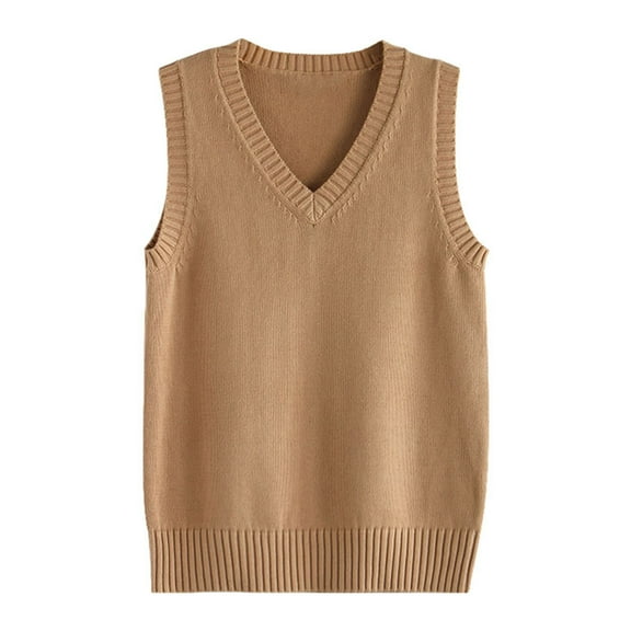 TTUHYWXI Women’s Sweater Vest V Neck JK Uniform Kint Vests Solid Classic Sleeveless Pullover Sweaters Tops (Khaki, XL)