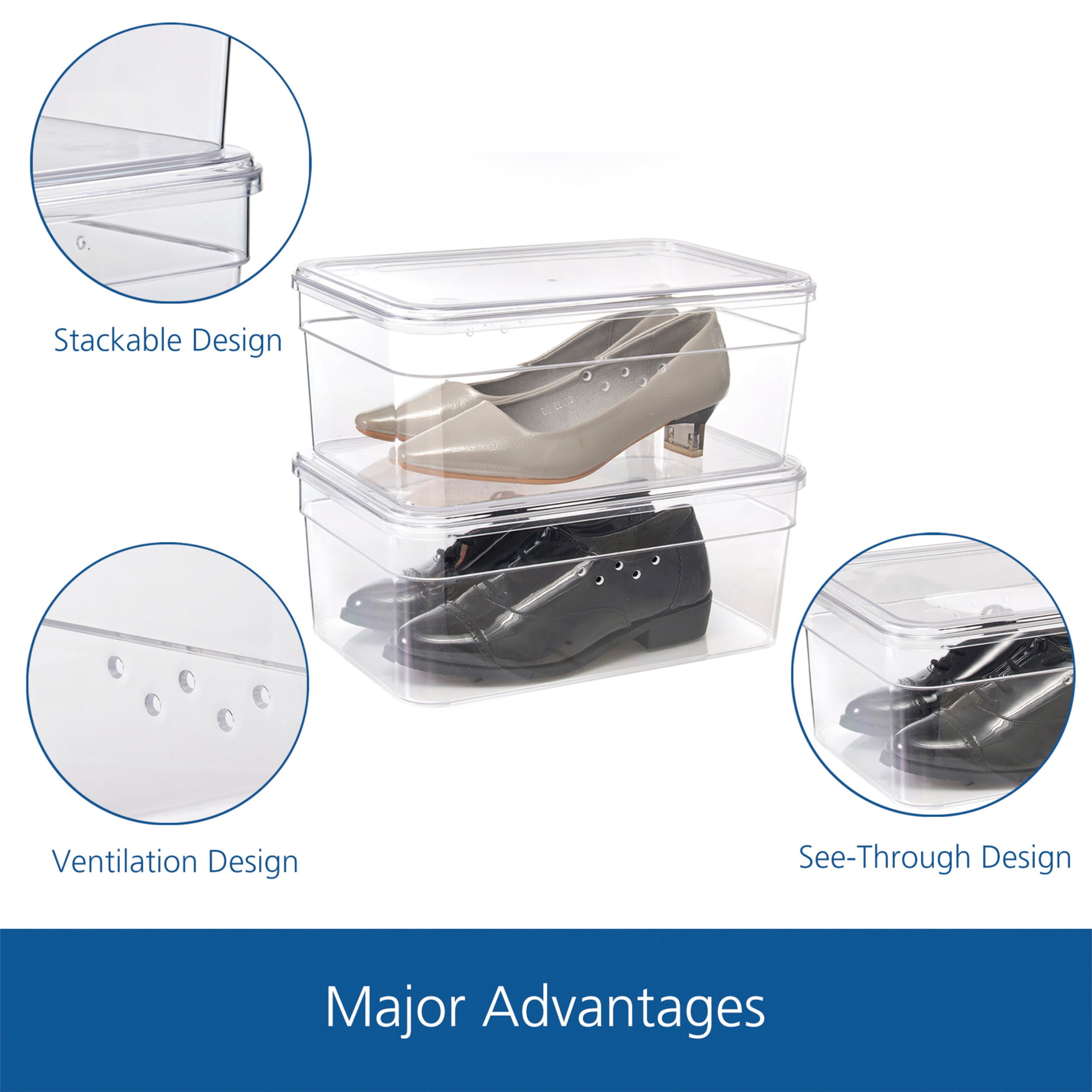 Mainstays Clear Glossy Plastic Small Closet Storage Shoe Organizer Shoe Box with Lid for Shoe Storage