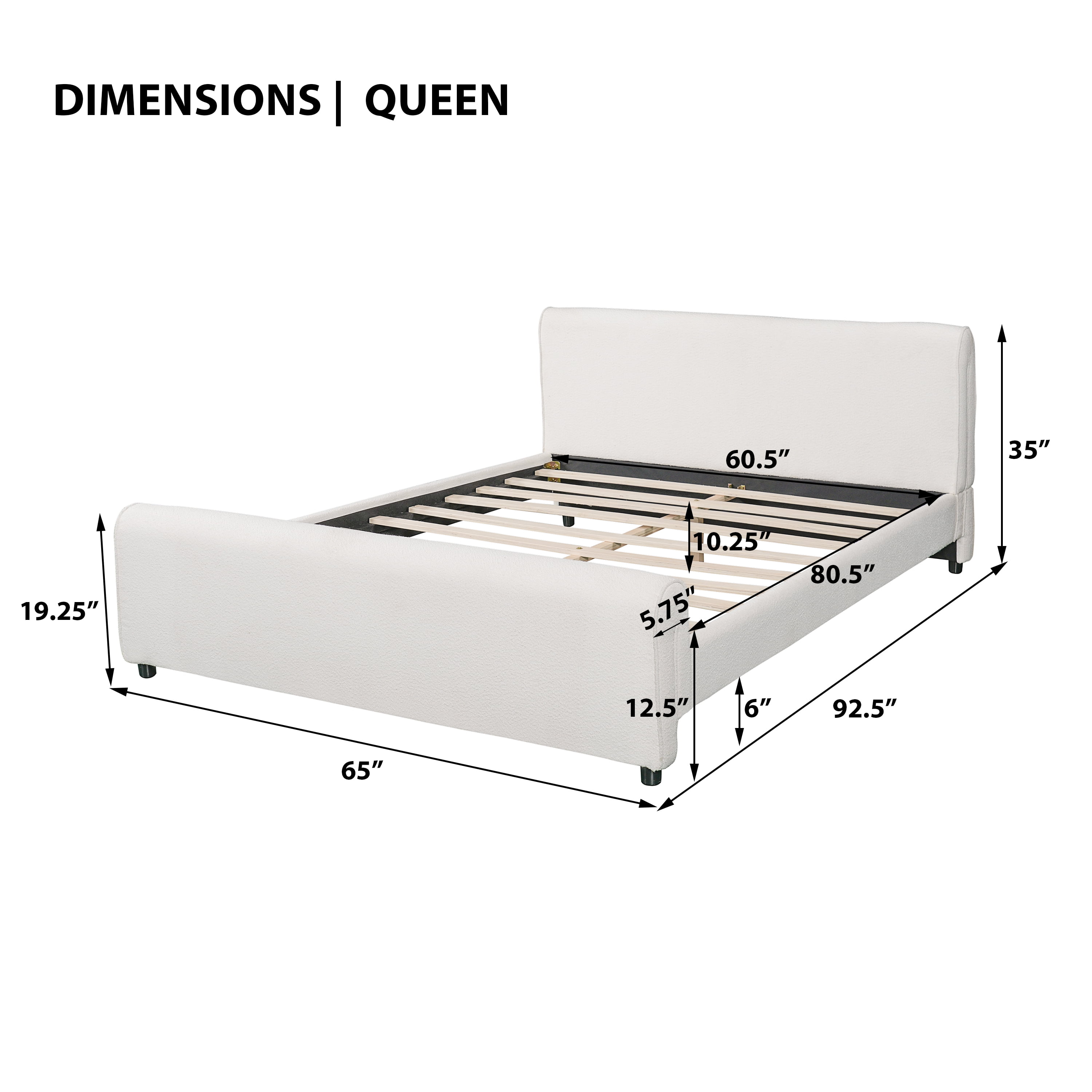 Queen Bouclé Upholstered Platform Bed with Headboard & Footboard, No Box Spring Needed