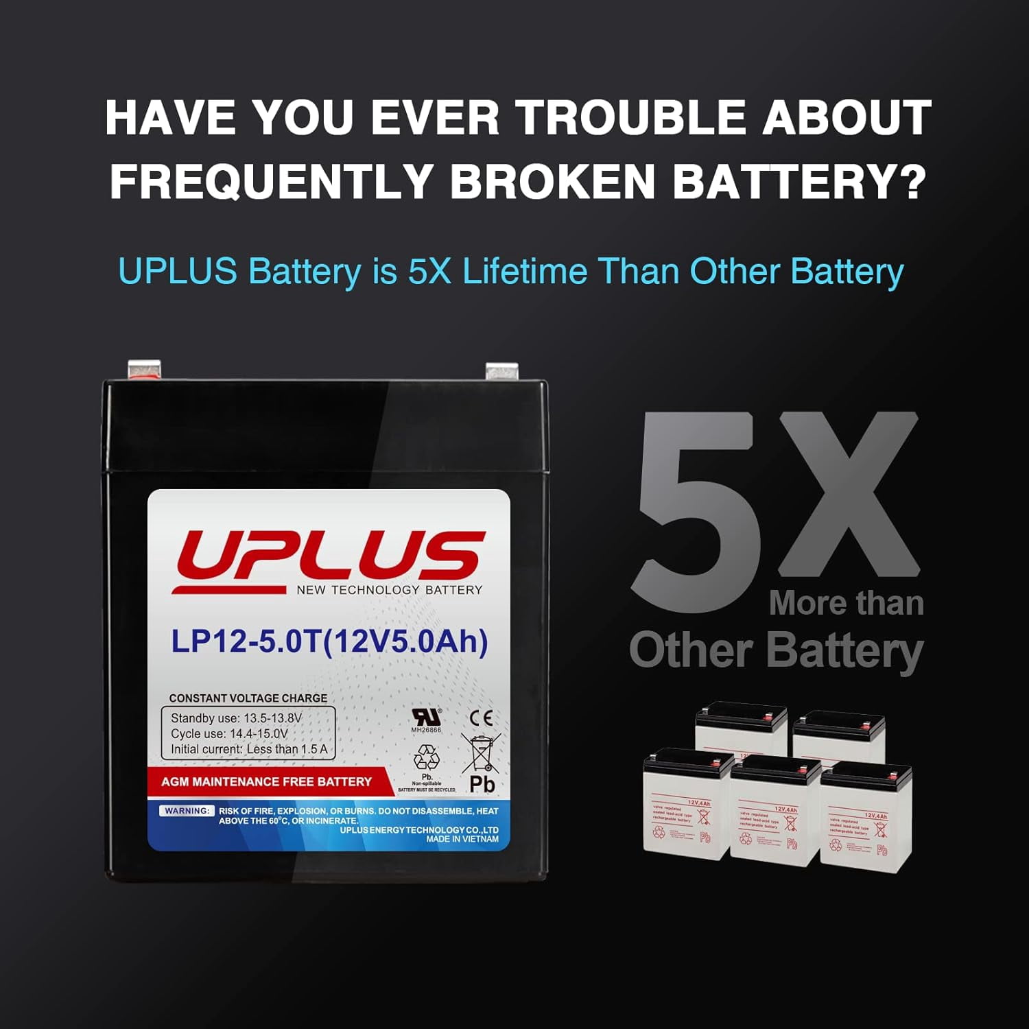 Uplus 12V 5Ah Rechargeable Sealed Lead Acid Battery - DJW12-5.0T Replaces Home Alarm Compatible with F1 F2 Terminals for Garage Doors, Security Systems, Burglar Alarms