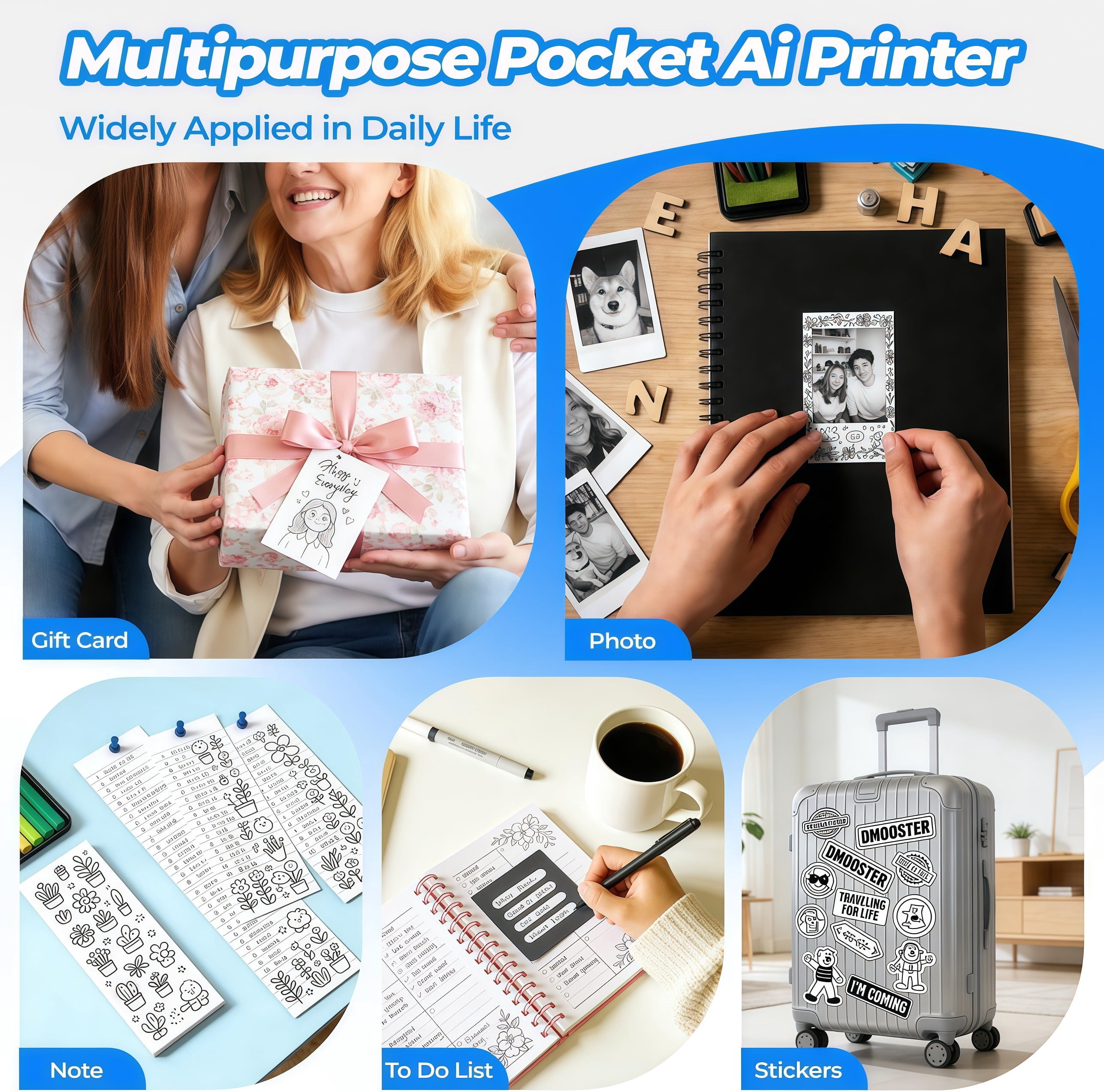 AI Voice-to-Image Mini Printer, Portable Inkless Thermal Printer with AI Image Generation & Voice Q&A, Bluetooth Sticker Printer with Thermal Paper for DIY, Journaling & Family Creative Time  - Black