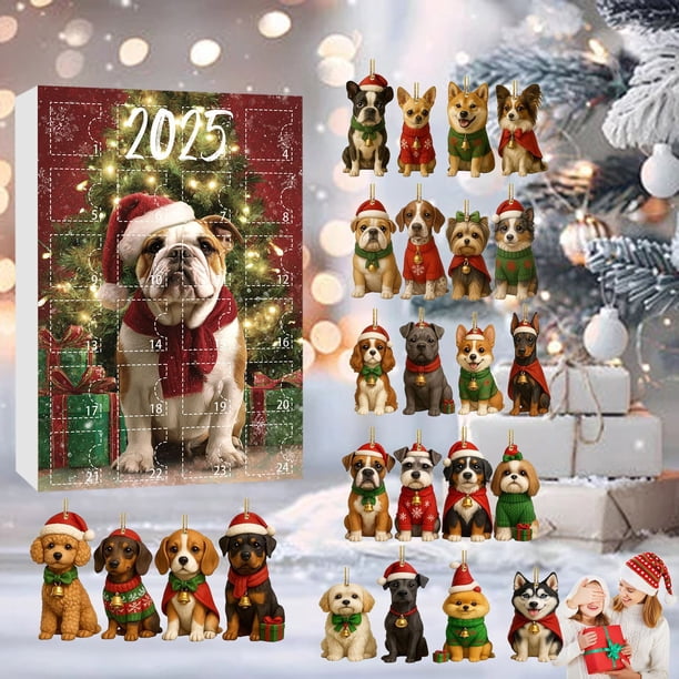 Calendario de Adviento para amantes de los perros - 24 mini cachorros navideños con lazos colgantes para árbol y decoración